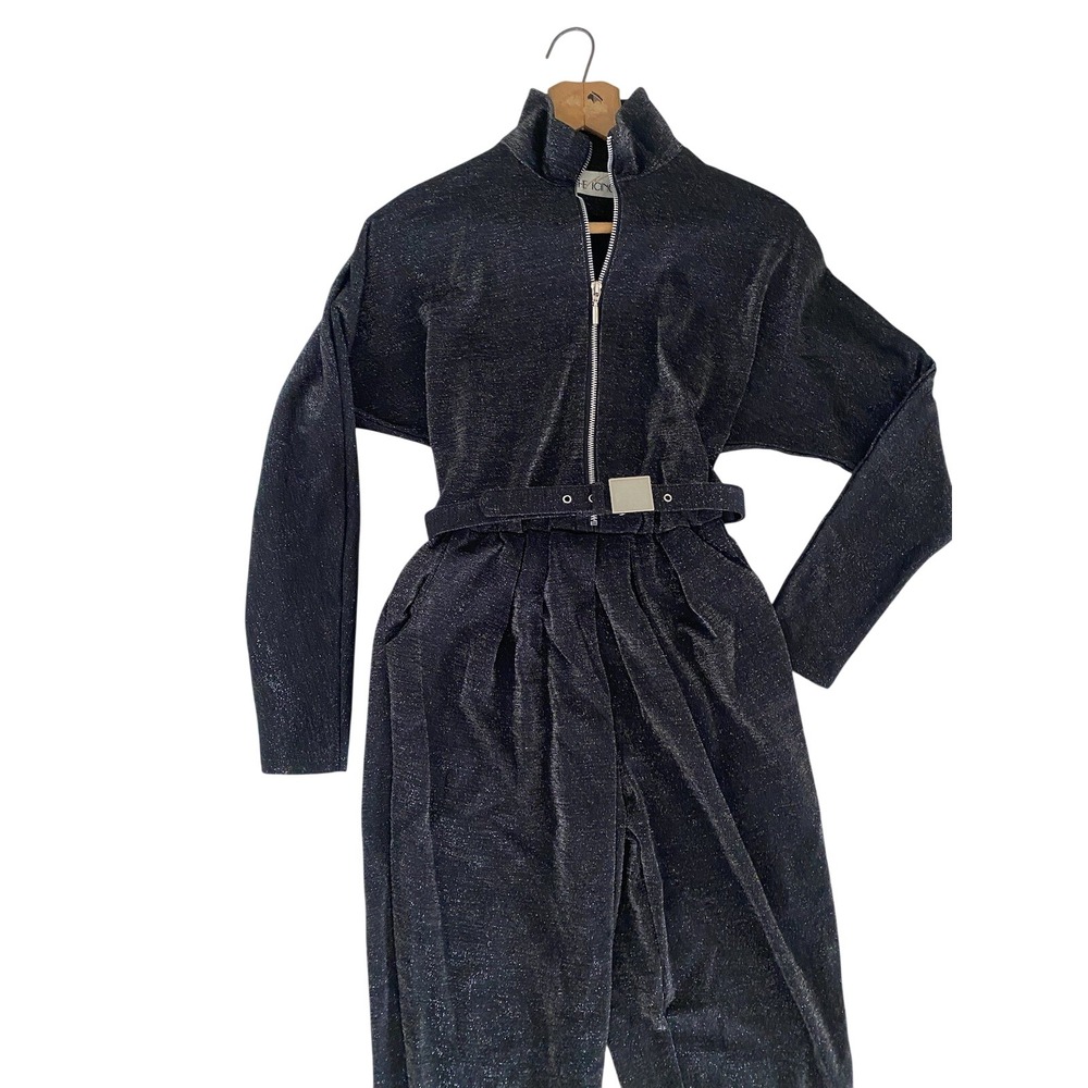 Vtg The Icing Sparkle Jumpsuit S Dark Gray Black Stirrups Belted Long Sleeve